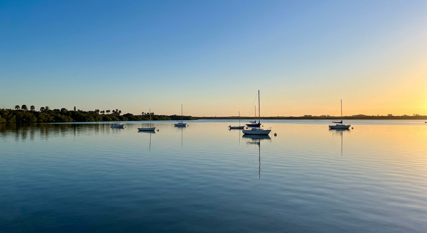 Small sailboats at anchor on calm Boca Ciega Bay at golden hour