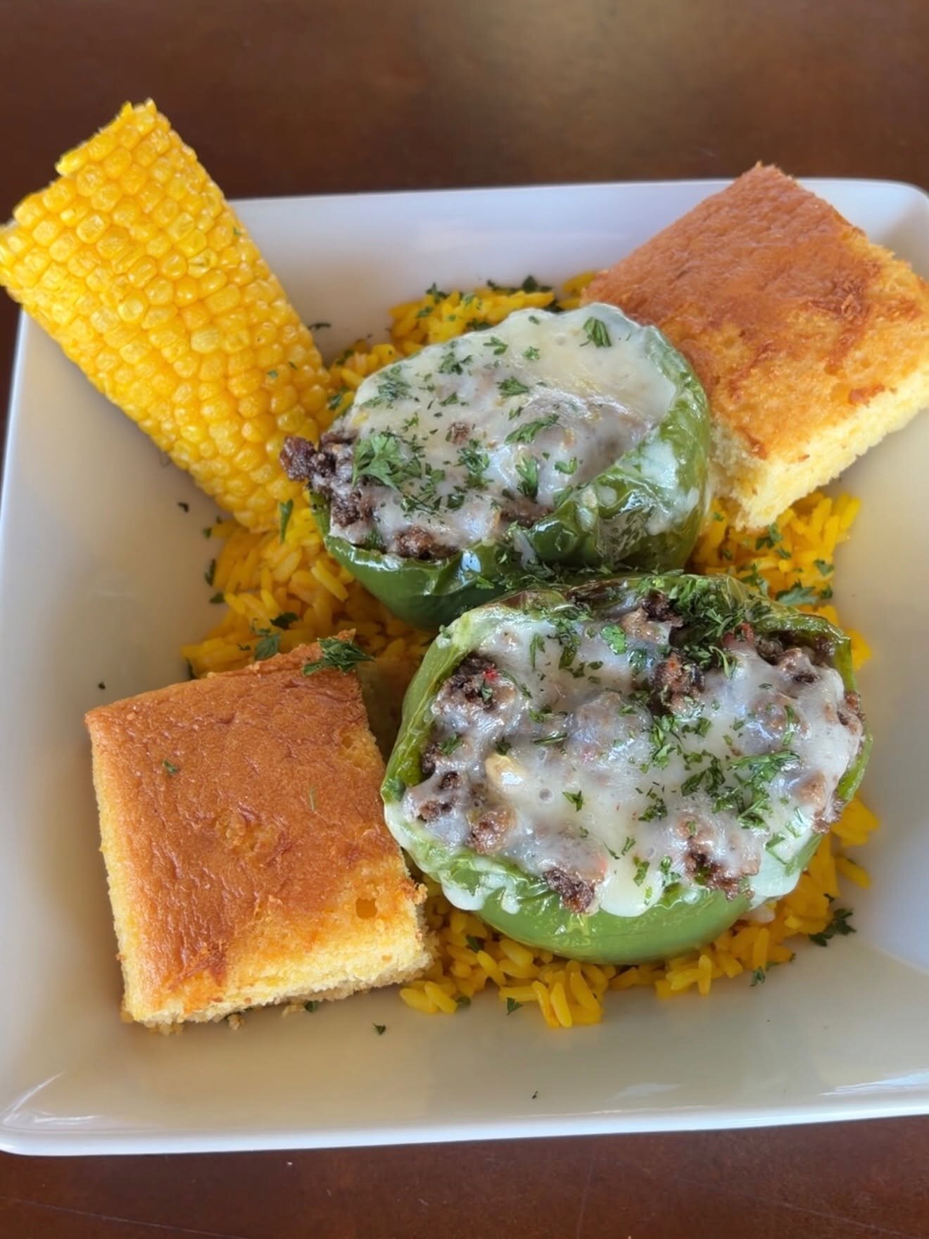 Stuffed peppers with cornbread and yellow rice, a recent Chef Ronnie's feature