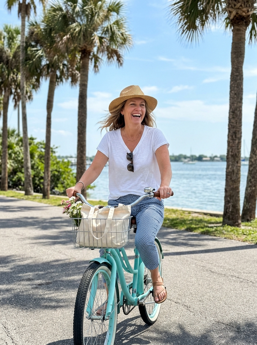 A cyclist rides a beach cruiser along a palm-lined bayfront road