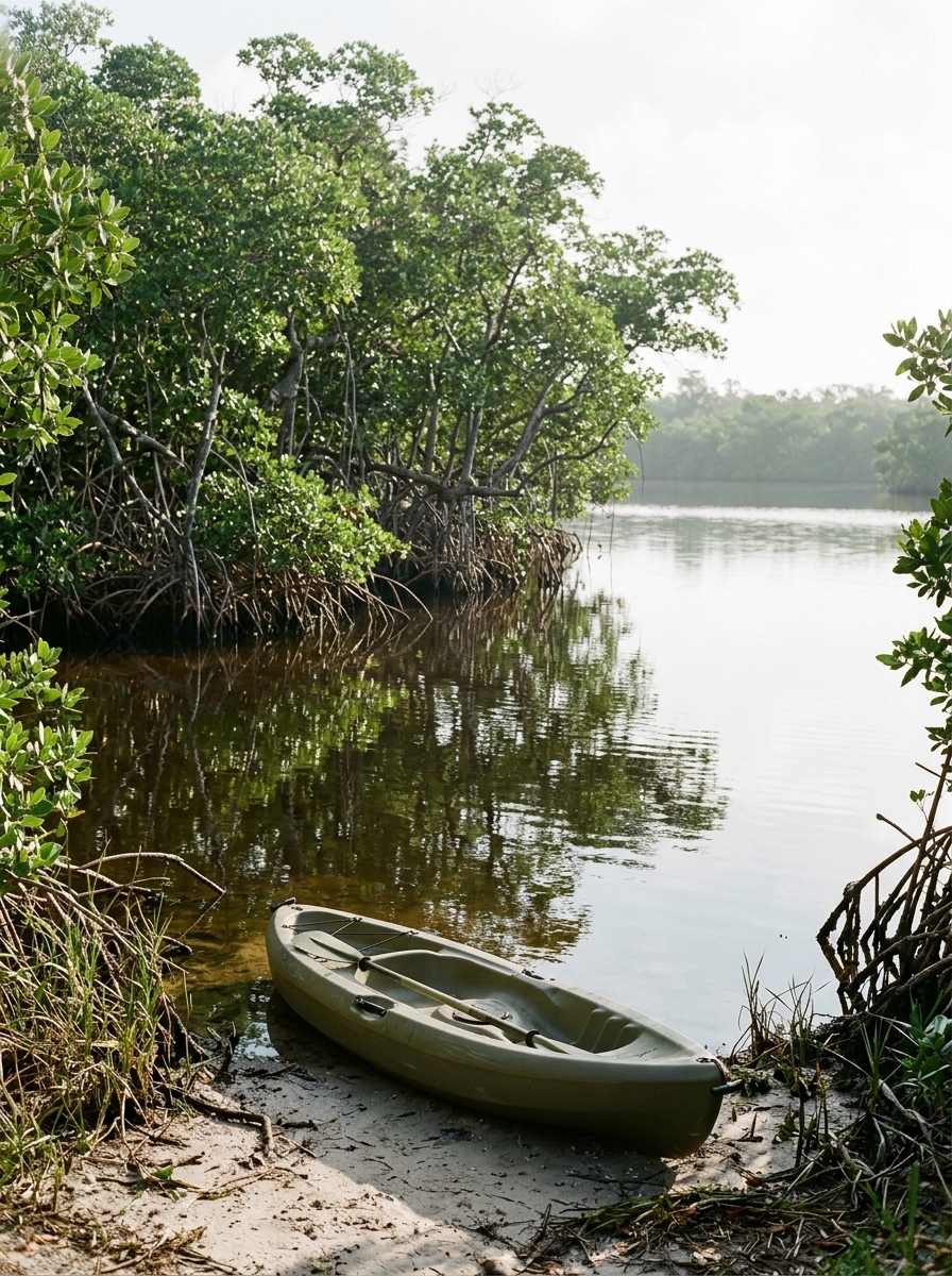 Red mangroves on a calm Gulf Coast bayou, with an empty kayak pulled up on a sandy landing