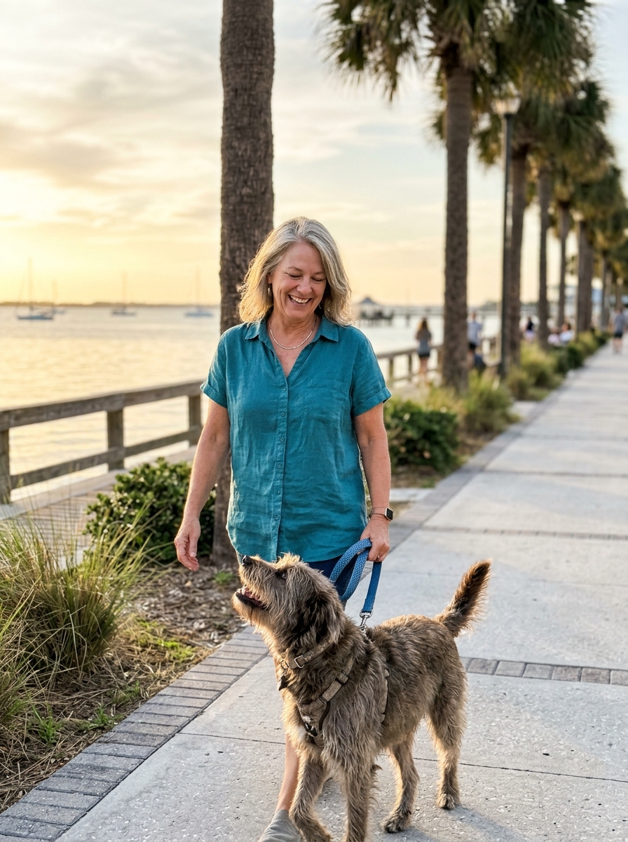 A woman walks her scruffy dog along a palm-lined bayside promenade at golden hour