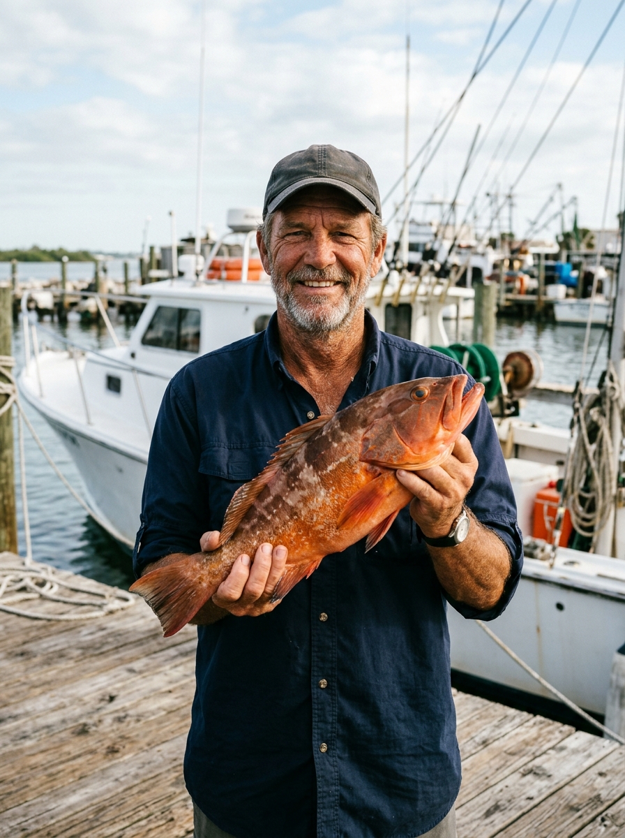A charter captain holds up a red grouper on a Gulf Coast dock