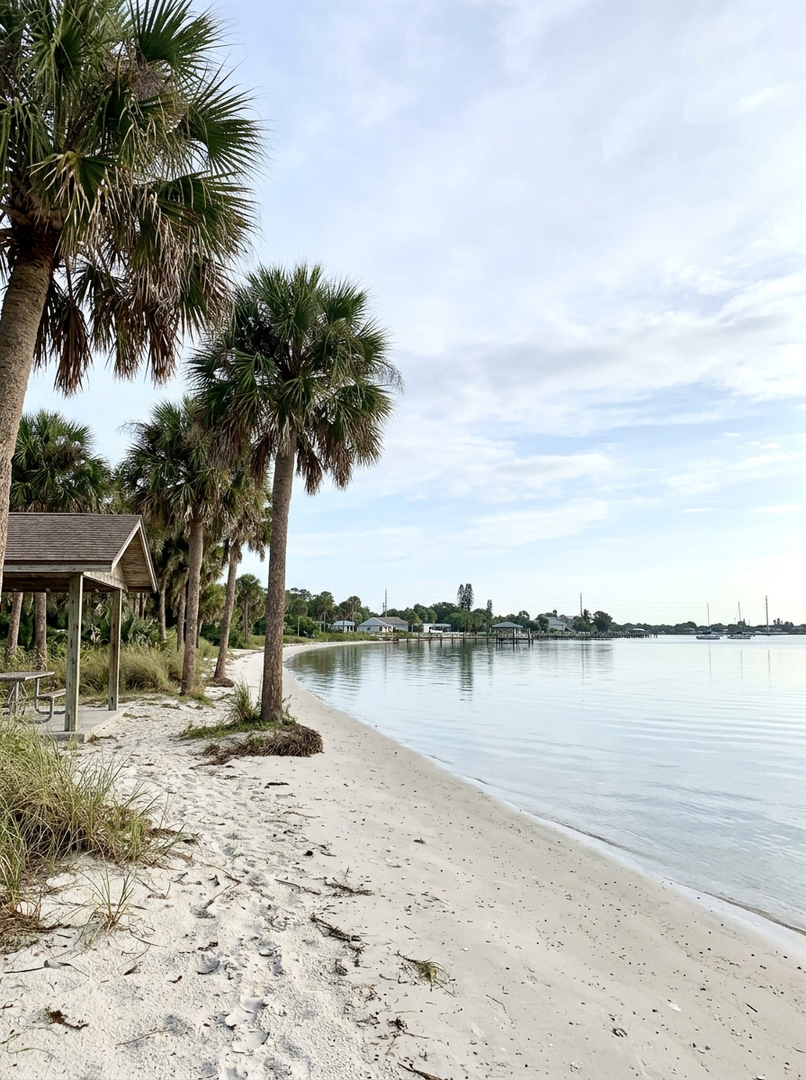 A small public bay beach with palms and flat calm water in the early morning