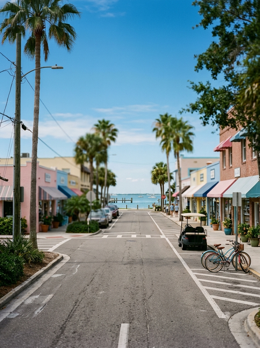 A small Gulf Coast main street of pastel shopfronts sloping down to the bay