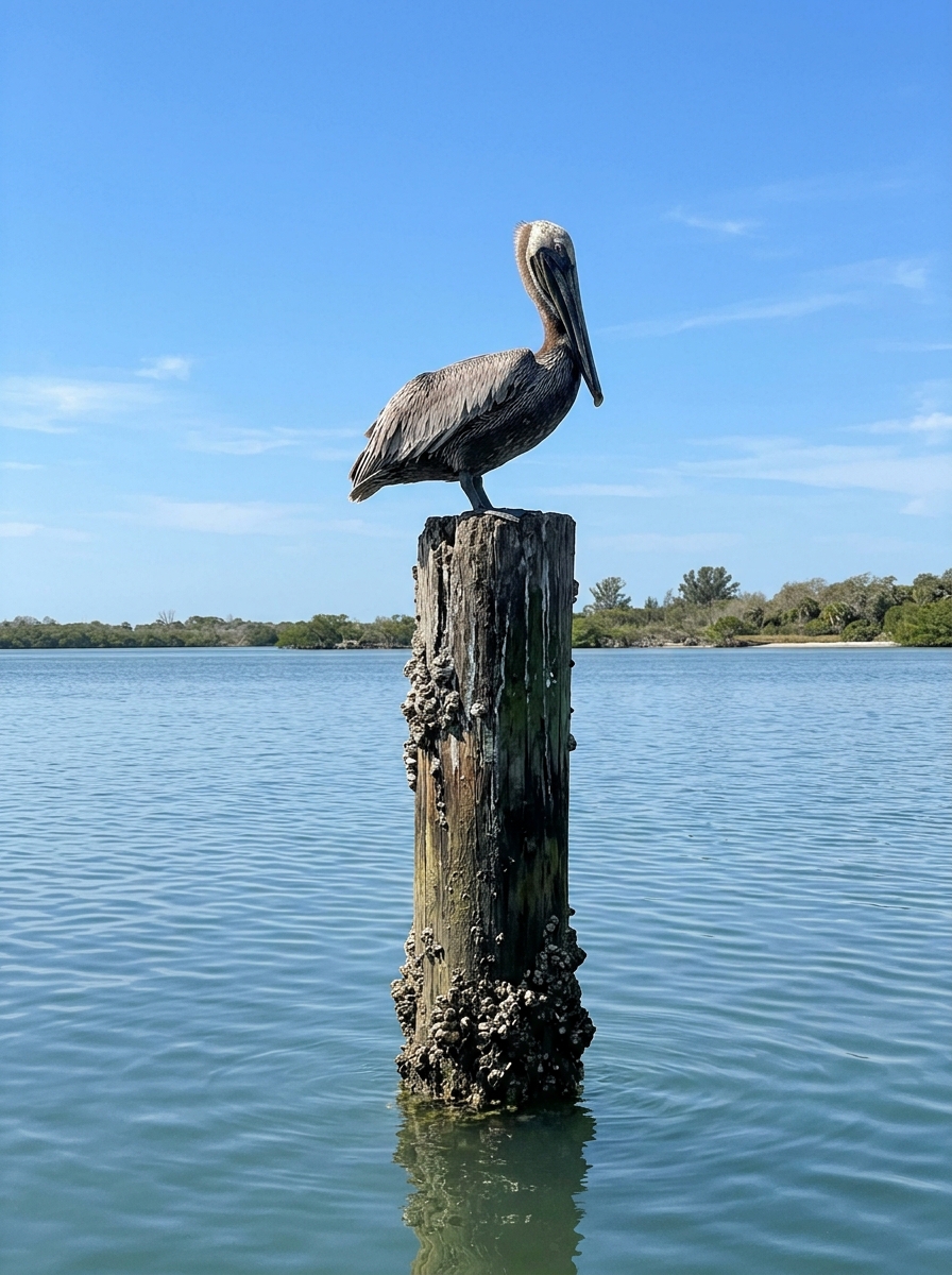 A brown pelican perched on a weathered wooden piling over calm bay water