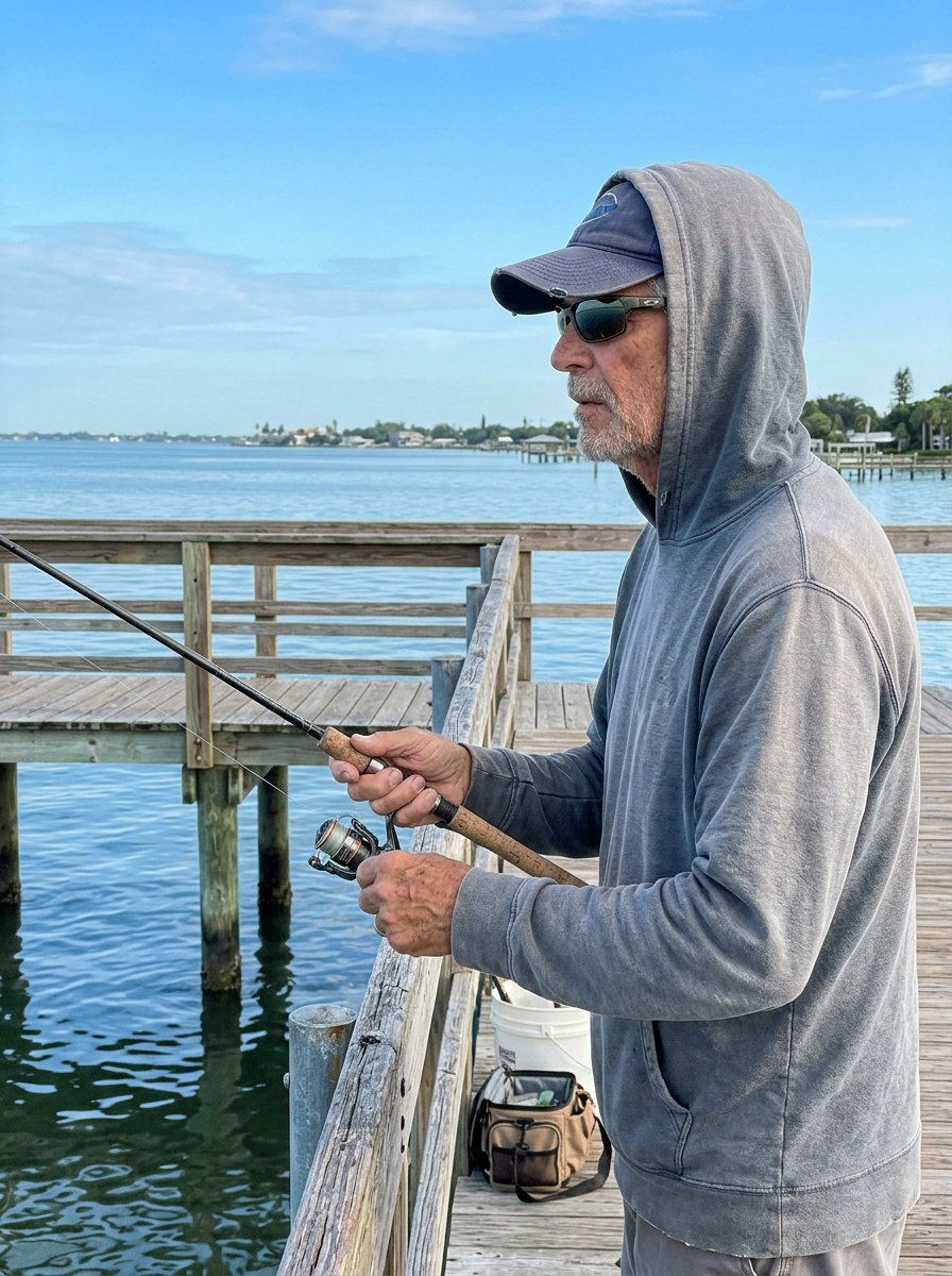 A man casts a line off a long public fishing pier in the early morning