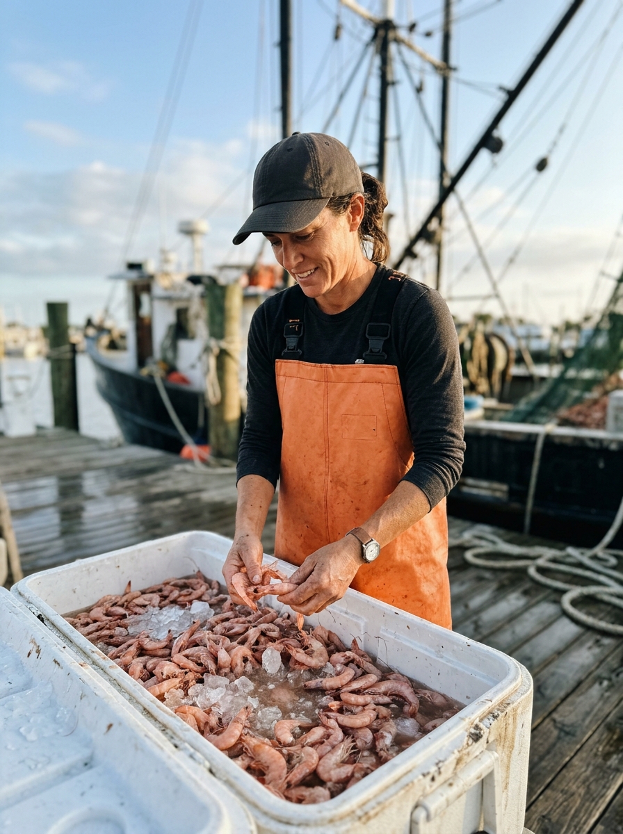 A deckhand sorts fresh pink Gulf shrimp into ice on a working dock