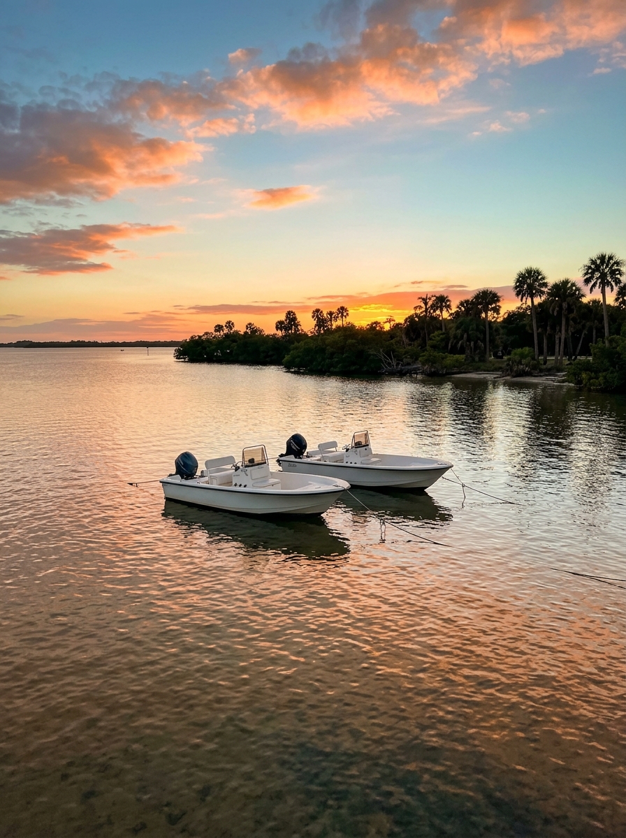 Two small skiffs at anchor on a flat Gulf Coast bay at sunset